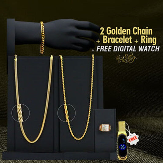 2 Golden Chain + Bracelet + Diamond Ring + Free Digital Watch @ Just Rs.599/-