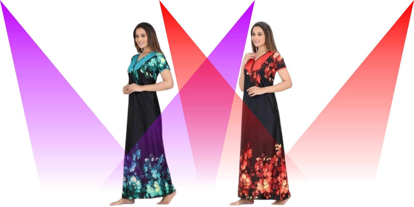 Women's Set Of 2 Printed Satin Maxi Nighty @ Just Rs.599/-