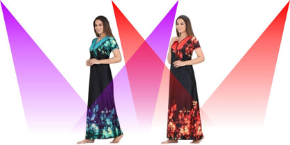 Women's Set Of 2 Printed Satin Maxi Nighty @ Just Rs.599/-