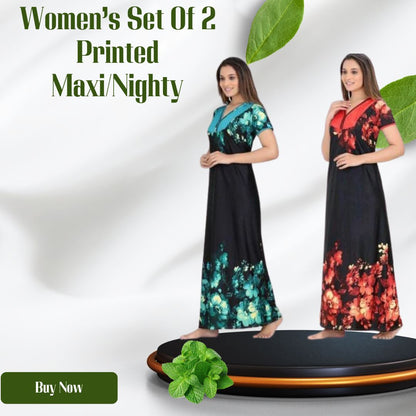 Women's Set Of 2 Printed Satin Maxi Nighty @ Just Rs.599/-